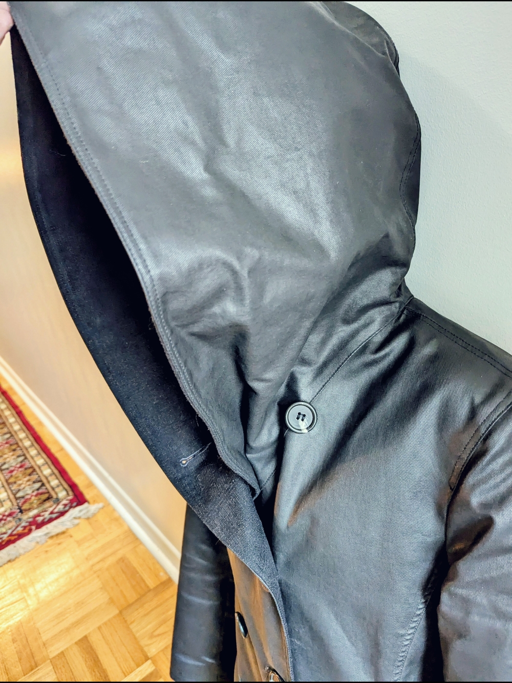 m0851 Waxed Cotton Double Breasted Hooded Coat | Made in Canada | Size 6 - Picture 4 of 8